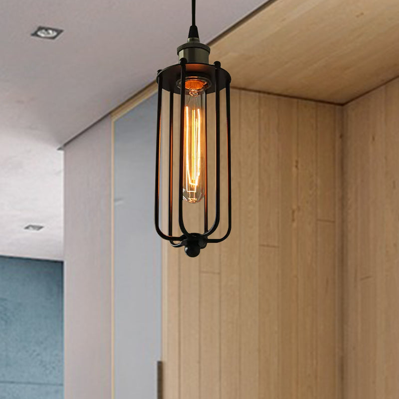 Metallic Matte Black Pendant Lamp Cylinder Cage Shade 1 Light Vintage Style Hanging Fixture Clearhalo 'Art Deco Pendants' 'Black' 'Cast Iron' 'Ceiling Lights' 'Ceramic' 'Crystal' 'Industrial Pendants' 'Industrial' 'Metal' 'Middle Century Pendants' 'Pendant Lights' 'Pendants' 'Rustic Pendants' 'Tiffany' Lighting' 599661