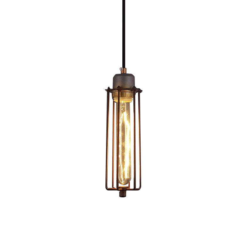 Metal Tube Pendant Light Vintage Style 1 Head Restaurant Ceiling Fixture with Wire Cage and Adjustable Cord in Black Clearhalo 'Ceiling Lights' 'Modern Pendants' 'Modern' 'Pendant Lights' 'Pendants' Lighting' 599668