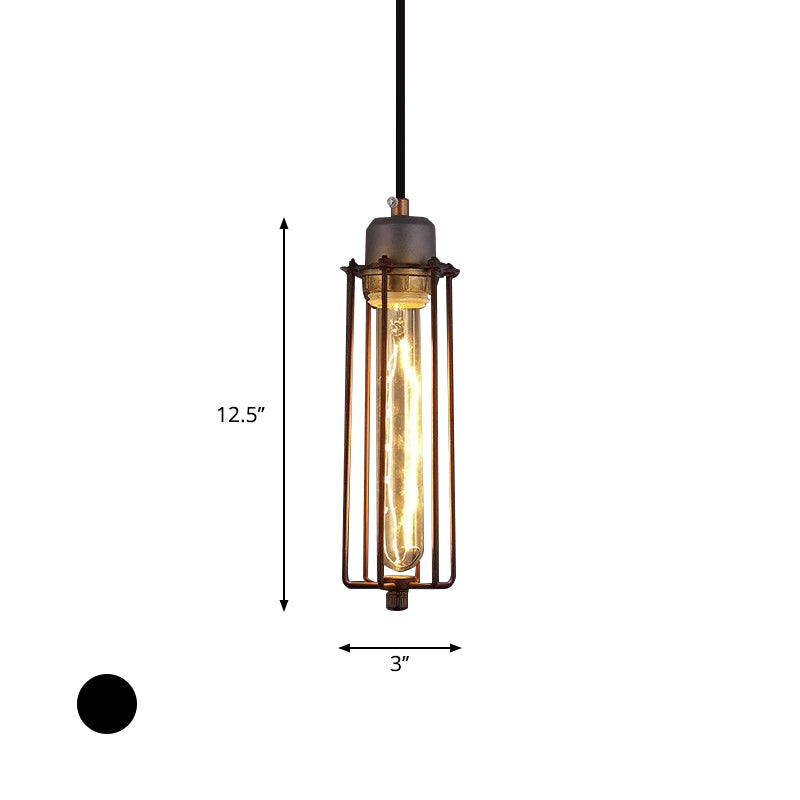 Metal Tube Pendant Light Vintage Style 1 Head Restaurant Ceiling Fixture with Wire Cage and Adjustable Cord in Black Clearhalo 'Ceiling Lights' 'Modern Pendants' 'Modern' 'Pendant Lights' 'Pendants' Lighting' 599669