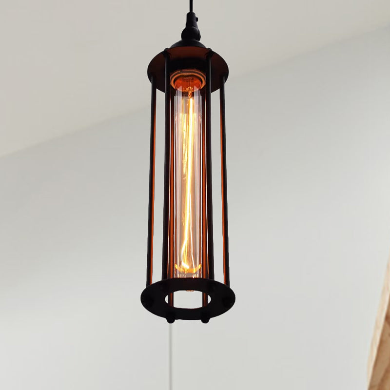 Black/Bronze Cylinder Pendant Light Industrial Metal 1 Light Bedroom Hanging Lamp Fixture with Cage Shade Black Clearhalo 'Ceiling Lights' 'Modern Pendants' 'Modern' 'Pendant Lights' 'Pendants' Lighting' 599674