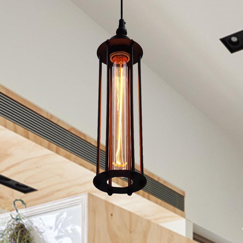 Black/Bronze Cylinder Pendant Light Industrial Metal 1 Light Bedroom Hanging Lamp Fixture with Cage Shade Clearhalo 'Ceiling Lights' 'Modern Pendants' 'Modern' 'Pendant Lights' 'Pendants' Lighting' 599675