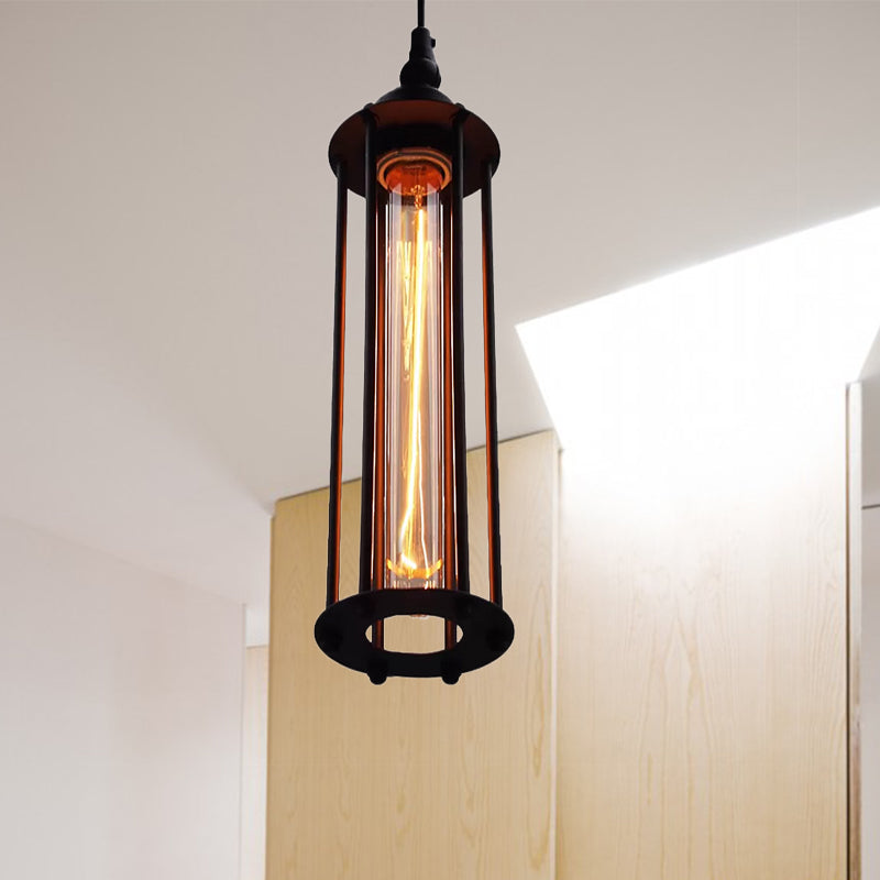 Black/Bronze Cylinder Pendant Light Industrial Metal 1 Light Bedroom Hanging Lamp Fixture with Cage Shade Clearhalo 'Ceiling Lights' 'Modern Pendants' 'Modern' 'Pendant Lights' 'Pendants' Lighting' 599676