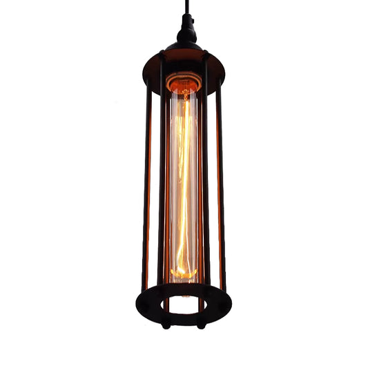 Black/Bronze Cylinder Pendant Light Industrial Metal 1 Light Bedroom Hanging Lamp Fixture with Cage Shade Clearhalo 'Ceiling Lights' 'Modern Pendants' 'Modern' 'Pendant Lights' 'Pendants' Lighting' 599677