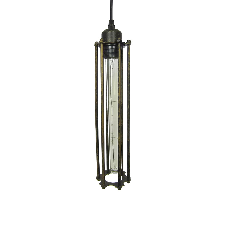 Black/Bronze Cylinder Pendant Light Industrial Metal 1 Light Bedroom Hanging Lamp Fixture with Cage Shade Clearhalo 'Ceiling Lights' 'Modern Pendants' 'Modern' 'Pendant Lights' 'Pendants' Lighting' 599679