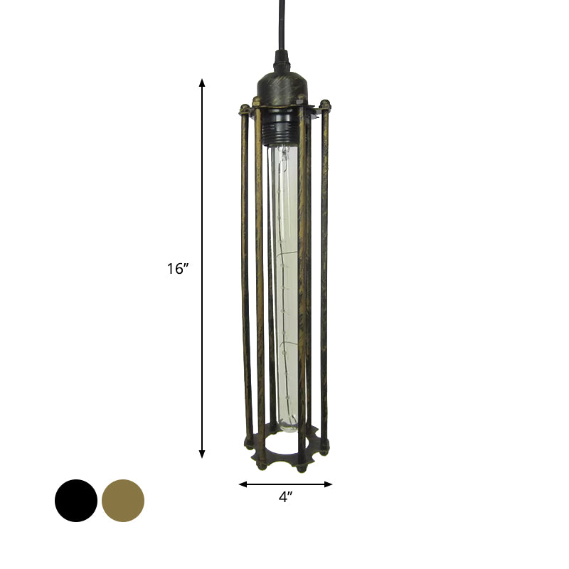 Black/Bronze Cylinder Pendant Light Industrial Metal 1 Light Bedroom Hanging Lamp Fixture with Cage Shade Clearhalo 'Ceiling Lights' 'Modern Pendants' 'Modern' 'Pendant Lights' 'Pendants' Lighting' 599680