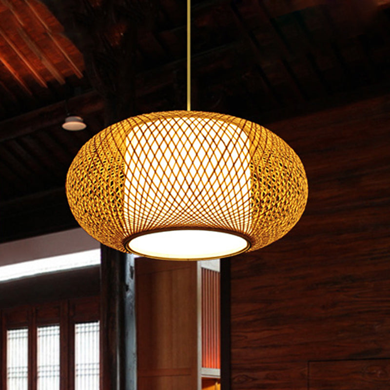 Bamboo Lantern Suspended Light Asian Single Head Hanging Lamp with Fabric Cylinder Shade Inside Clearhalo 'Ceiling Lights' 'Pendant Lights' 'Pendants' Lighting' 599699