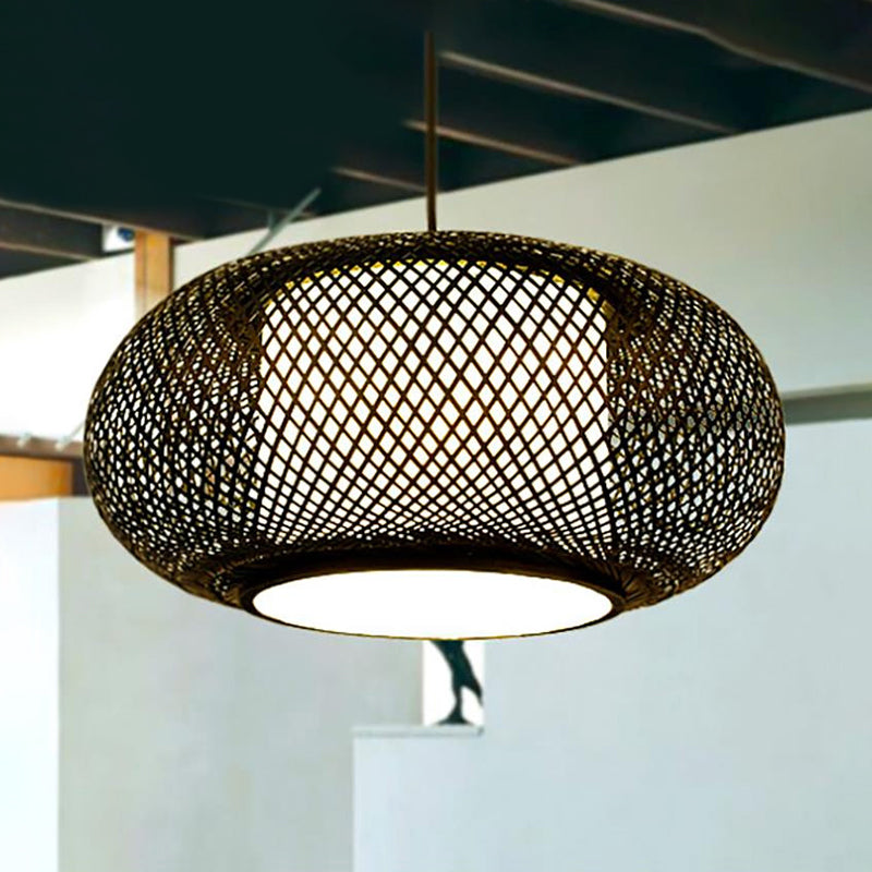 Bamboo Lantern Suspended Light Asian Single Head Hanging Lamp with Fabric Cylinder Shade Inside Clearhalo 'Ceiling Lights' 'Pendant Lights' 'Pendants' Lighting' 599706