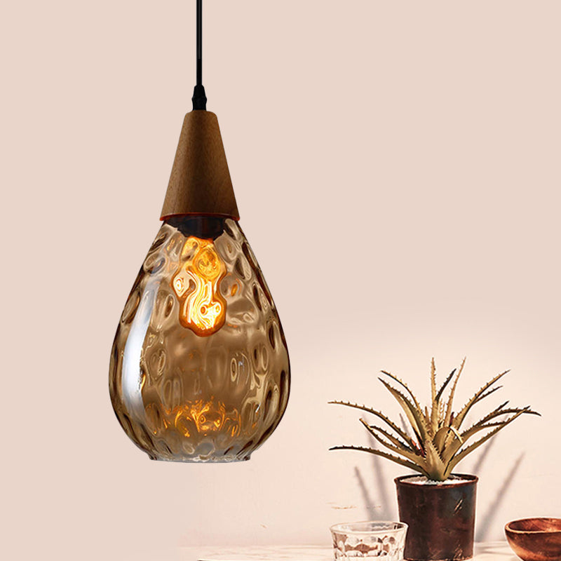 6"/8" Wide Teardrop Pendant Lamp Modernist Style Amber/Clear Dimpled Glass 1 Light Indoor Hanging Light Fixture Amber 6" Clearhalo 'Ceiling Lights' 'Glass shade' 'Glass' 'Modern Pendants' 'Modern' 'Pendant Lights' 'Pendants' Lighting' 599715