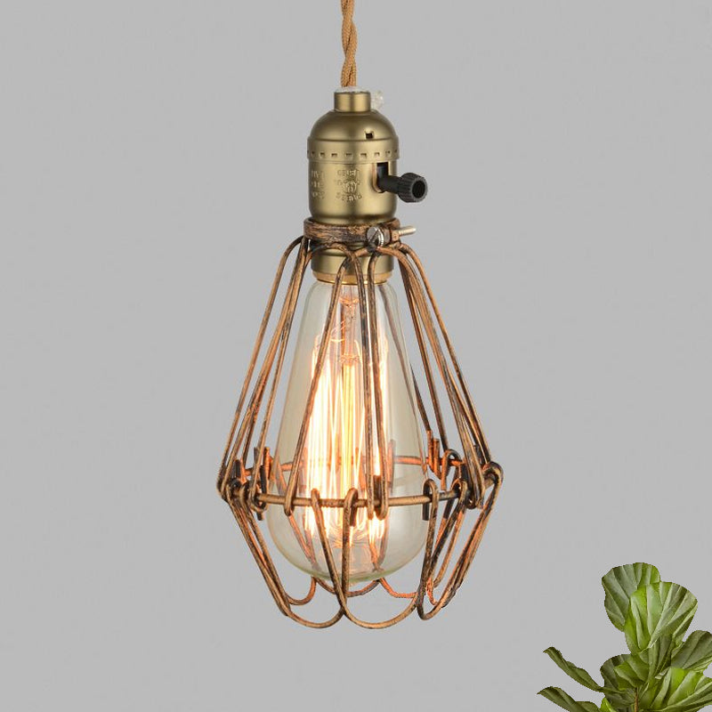 Rustic Style Diamond Cage Hanging Light 1 Head Wrought Iron Pendant Lighting in Black/Brass for Restaurant Clearhalo 'Ceiling Lights' 'Modern Pendants' 'Modern' 'Pendant Lights' 'Pendants' Lighting' 599817