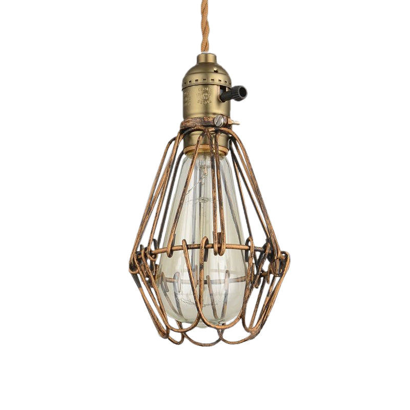 Rustic Style Diamond Cage Hanging Light 1 Head Wrought Iron Pendant Lighting in Black/Brass for Restaurant Clearhalo 'Ceiling Lights' 'Modern Pendants' 'Modern' 'Pendant Lights' 'Pendants' Lighting' 599818