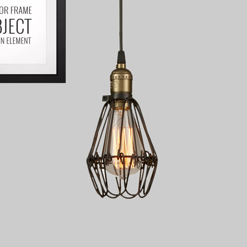 Rustic Style Diamond Cage Hanging Light 1 Head Wrought Iron Pendant Lighting in Black/Brass for Restaurant Clearhalo 'Ceiling Lights' 'Modern Pendants' 'Modern' 'Pendant Lights' 'Pendants' Lighting' 599821