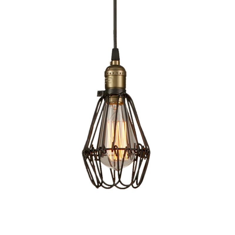 Rustic Style Diamond Cage Hanging Light 1 Head Wrought Iron Pendant Lighting in Black/Brass for Restaurant Clearhalo 'Ceiling Lights' 'Modern Pendants' 'Modern' 'Pendant Lights' 'Pendants' Lighting' 599822