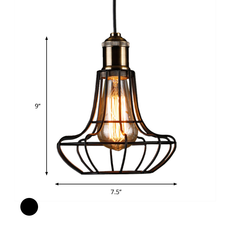 1 Head Vase Cage Shade Ceiling Light Fixture Antique Style Black Finish Metallic Pendant Lamp for Bar, 6"/7.5" Width Clearhalo 'Ceiling Lights' 'Modern Pendants' 'Modern' 'Pendant Lights' 'Pendants' Lighting' 599834