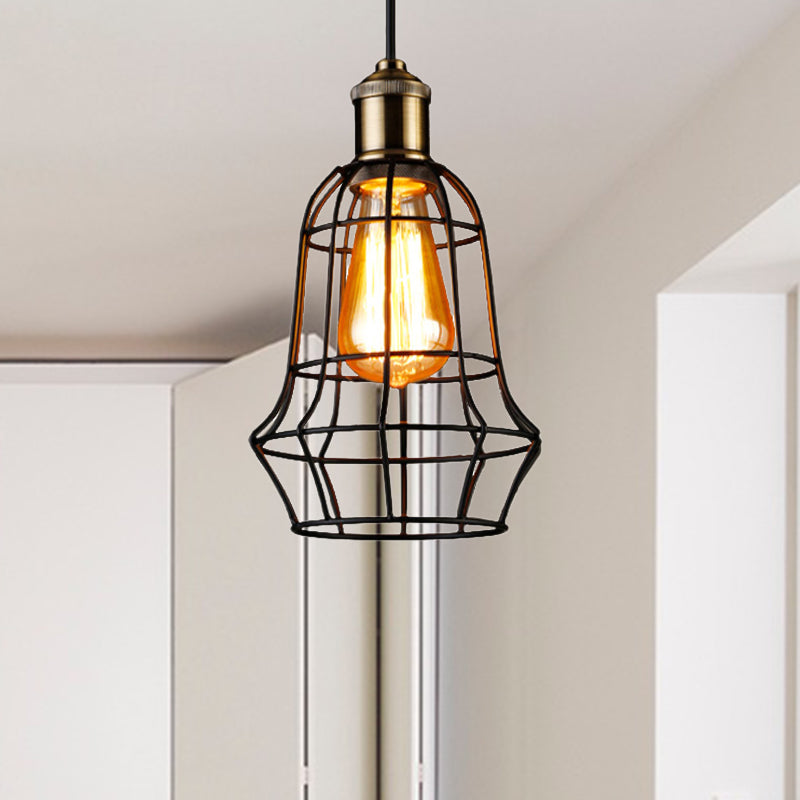 1 Head Vase Cage Shade Ceiling Light Fixture Antique Style Black Finish Metallic Pendant Lamp for Bar, 6"/7.5" Width Black 6" Clearhalo 'Ceiling Lights' 'Modern Pendants' 'Modern' 'Pendant Lights' 'Pendants' Lighting' 599835