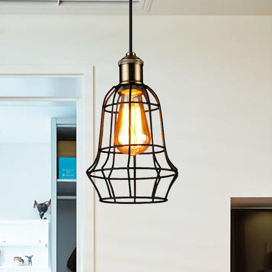 1 Head Vase Cage Shade Ceiling Light Fixture Antique Style Black Finish Metallic Pendant Lamp for Bar, 6"/7.5" Width Clearhalo 'Ceiling Lights' 'Modern Pendants' 'Modern' 'Pendant Lights' 'Pendants' Lighting' 599837
