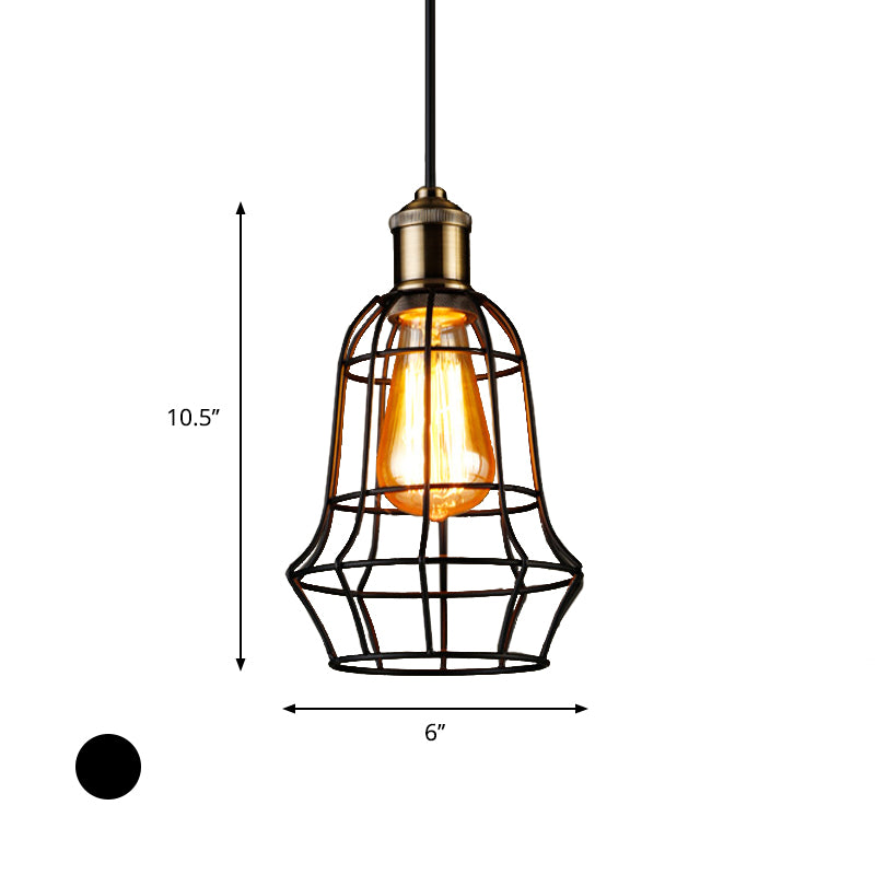 1 Head Vase Cage Shade Ceiling Light Fixture Antique Style Black Finish Metallic Pendant Lamp for Bar, 6"/7.5" Width Clearhalo 'Ceiling Lights' 'Modern Pendants' 'Modern' 'Pendant Lights' 'Pendants' Lighting' 599839