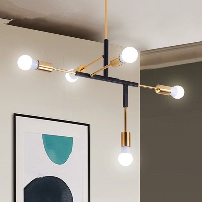 5 Arms Hanging Light Post Modern Metal Bare Bulbs Black/Gold Chandelier Pendant Light Black Clearhalo 'Ceiling Lights' 'Chandeliers' 'Modern Chandeliers' 'Modern' Lighting' 599902