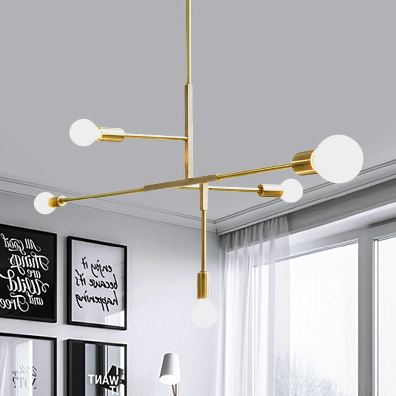 5 Arms Hanging Light Post Modern Metal Bare Bulbs Black/Gold Chandelier Pendant Light Gold Clearhalo 'Ceiling Lights' 'Chandeliers' 'Modern Chandeliers' 'Modern' Lighting' 599907