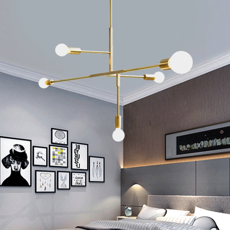 5 Arms Hanging Light Post Modern Metal Bare Bulbs Black/Gold Chandelier Pendant Light Clearhalo 'Ceiling Lights' 'Chandeliers' 'Modern Chandeliers' 'Modern' Lighting' 599909