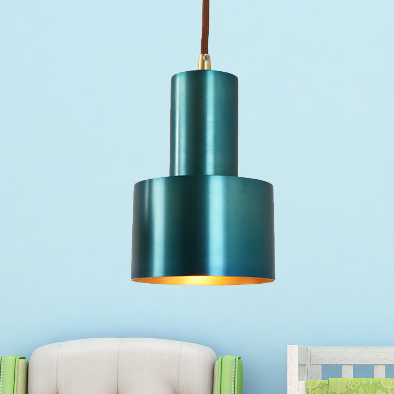 Blue/Black/Gold Cylindrical Shade Pendant Lamp Retro Style Metal 1 Head Bedroom Ceiling Pendant with Hanging Cord Blue Clearhalo 'Ceiling Lights' 'Modern Pendants' 'Modern' 'Pendant Lights' 'Pendants' Lighting' 600100