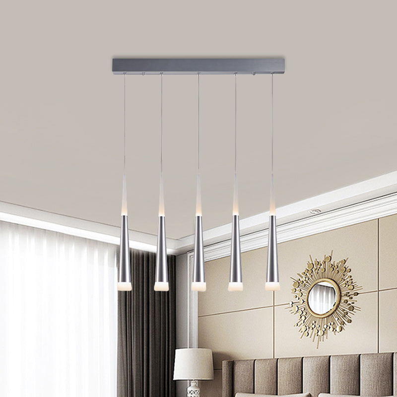 Tapered Hanging Lamp Modern Metal 5/6 Heads Silver Hanging Pendant Light for Dining Room in Warm/White/Neutral Clearhalo 'Ceiling Lights' 'Modern Pendants' 'Modern' 'Pendant Lights' 'Pendants' Lighting' 600125