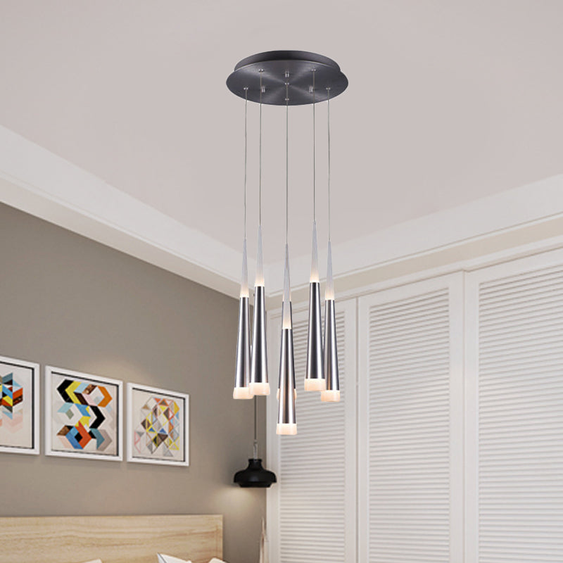 Tapered Hanging Lamp Modern Metal 5/6 Heads Silver Hanging Pendant Light for Dining Room in Warm/White/Neutral Clearhalo 'Ceiling Lights' 'Modern Pendants' 'Modern' 'Pendant Lights' 'Pendants' Lighting' 600130