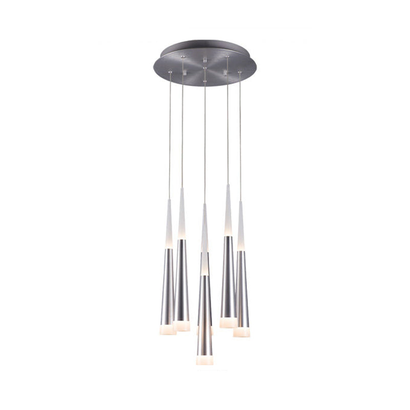 Tapered Hanging Lamp Modern Metal 5/6 Heads Silver Hanging Pendant Light for Dining Room in Warm/White/Neutral Clearhalo 'Ceiling Lights' 'Modern Pendants' 'Modern' 'Pendant Lights' 'Pendants' Lighting' 600132