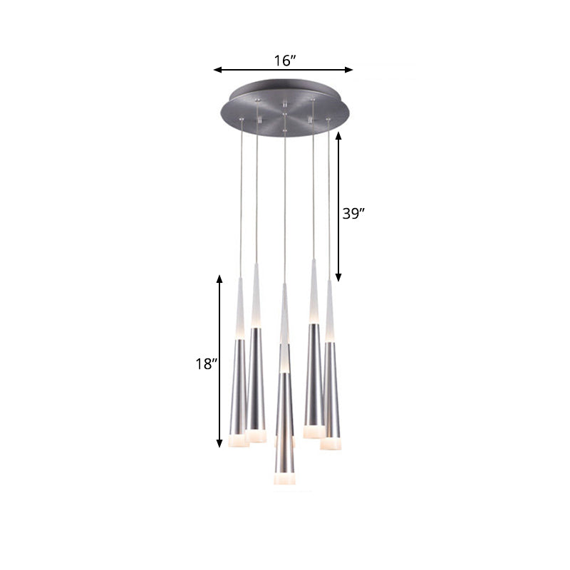 Tapered Hanging Lamp Modern Metal 5/6 Heads Silver Hanging Pendant Light for Dining Room in Warm/White/Neutral Clearhalo 'Ceiling Lights' 'Modern Pendants' 'Modern' 'Pendant Lights' 'Pendants' Lighting' 600133