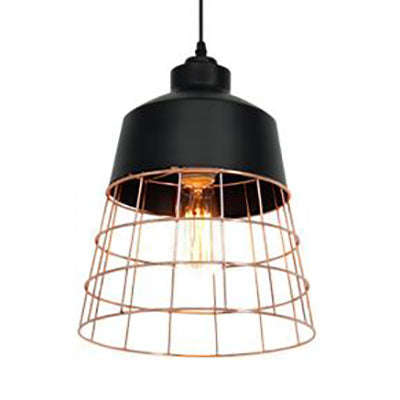 Retro Style Wire Cage Hanging Light with Cone/Oval/Barrel Shade 1 Light Metal Pendant Lamp in Black/White for Living Room Black Barrel Clearhalo 'Ceiling Lights' 'Modern Pendants' 'Modern' 'Pendant Lights' 'Pendants' Lighting' 60016