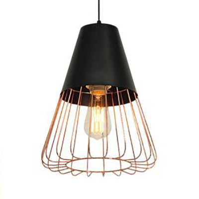 Retro Style Wire Cage Hanging Light with Cone/Oval/Barrel Shade 1 Light Metal Pendant Lamp in Black/White for Living Room Black Cone Clearhalo 'Ceiling Lights' 'Modern Pendants' 'Modern' 'Pendant Lights' 'Pendants' Lighting' 60020