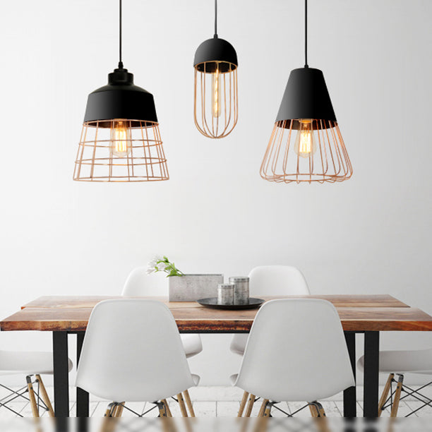 Retro Style Wire Cage Hanging Light with Cone/Oval/Barrel Shade 1 Light Metal Pendant Lamp in Black/White for Living Room Clearhalo 'Ceiling Lights' 'Modern Pendants' 'Modern' 'Pendant Lights' 'Pendants' Lighting' 60022