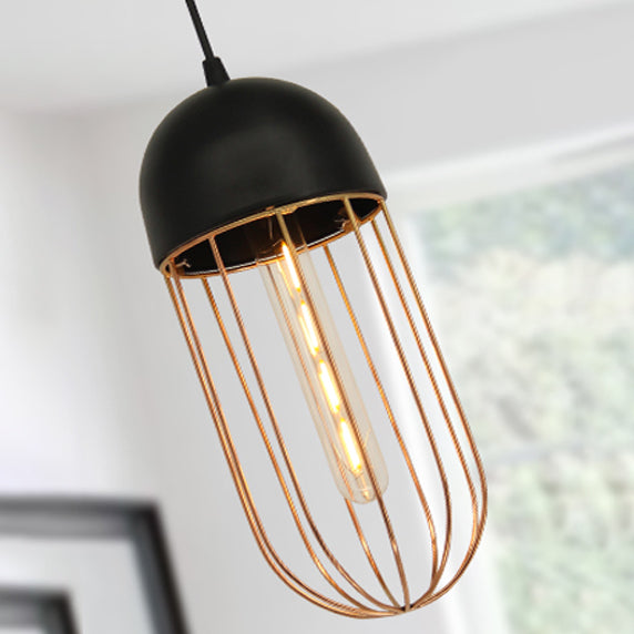 Retro Style Wire Cage Hanging Light with Cone/Oval/Barrel Shade 1 Light Metal Pendant Lamp in Black/White for Living Room Clearhalo 'Ceiling Lights' 'Modern Pendants' 'Modern' 'Pendant Lights' 'Pendants' Lighting' 60025