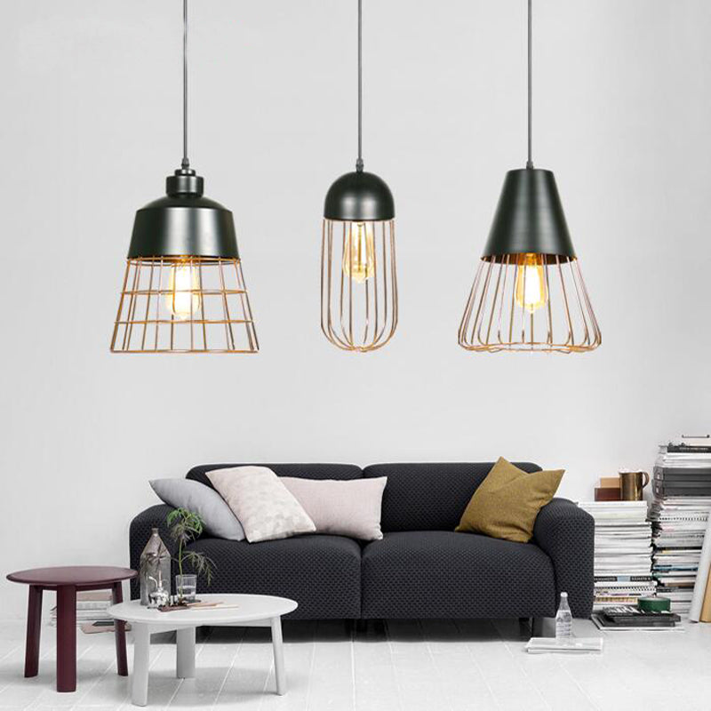 Retro Style Wire Cage Hanging Light with Cone/Oval/Barrel Shade 1 Light Metal Pendant Lamp in Black/White for Living Room Clearhalo 'Ceiling Lights' 'Modern Pendants' 'Modern' 'Pendant Lights' 'Pendants' Lighting' 60026