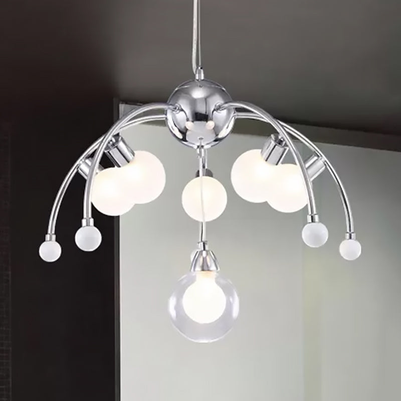 Chrome Bubble Chandelier Lighting Modernist 6/9 Lights White Glass Led Ceiling Fixture with Curved Arm 6 Chrome Clearhalo 'Ceiling Lights' 'Chandeliers' 'Glass shade' 'Glass' 'Modern Chandeliers' 'Modern' Lighting' 600278