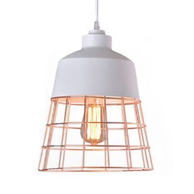 Retro Style Wire Cage Hanging Light with Cone/Oval/Barrel Shade 1 Light Metal Pendant Lamp in Black/White for Living Room White Barrel Clearhalo 'Ceiling Lights' 'Modern Pendants' 'Modern' 'Pendant Lights' 'Pendants' Lighting' 60028