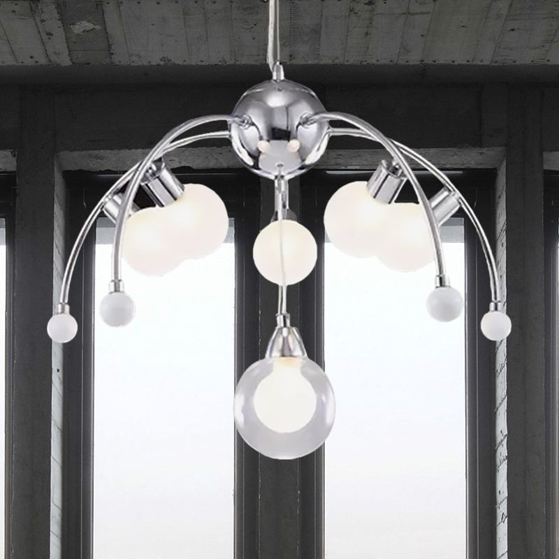 Chrome Bubble Chandelier Lighting Modernist 6/9 Lights White Glass Led Ceiling Fixture with Curved Arm Clearhalo 'Ceiling Lights' 'Chandeliers' 'Glass shade' 'Glass' 'Modern Chandeliers' 'Modern' Lighting' 600280