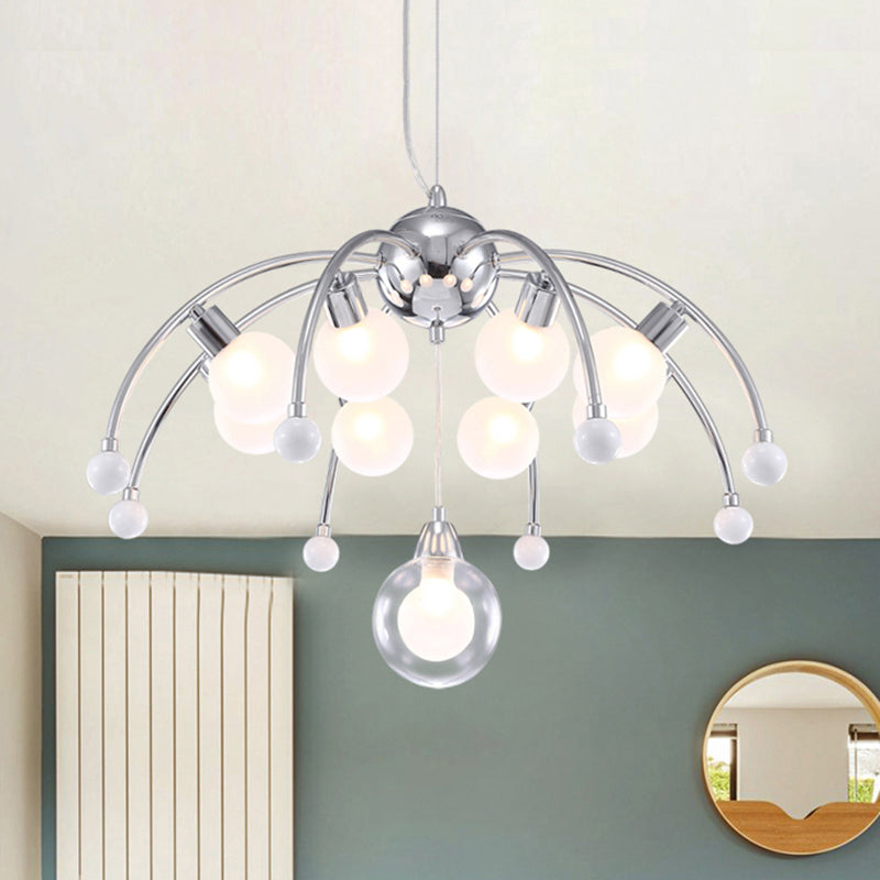 Chrome Bubble Chandelier Lighting Modernist 6/9 Lights White Glass Led Ceiling Fixture with Curved Arm 9 Chrome Clearhalo 'Ceiling Lights' 'Chandeliers' 'Glass shade' 'Glass' 'Modern Chandeliers' 'Modern' Lighting' 600283