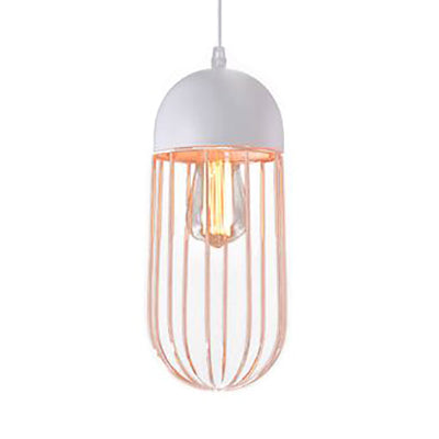 Retro Style Wire Cage Hanging Light with Cone/Oval/Barrel Shade 1 Light Metal Pendant Lamp in Black/White for Living Room White Oval Clearhalo 'Ceiling Lights' 'Modern Pendants' 'Modern' 'Pendant Lights' 'Pendants' Lighting' 60029