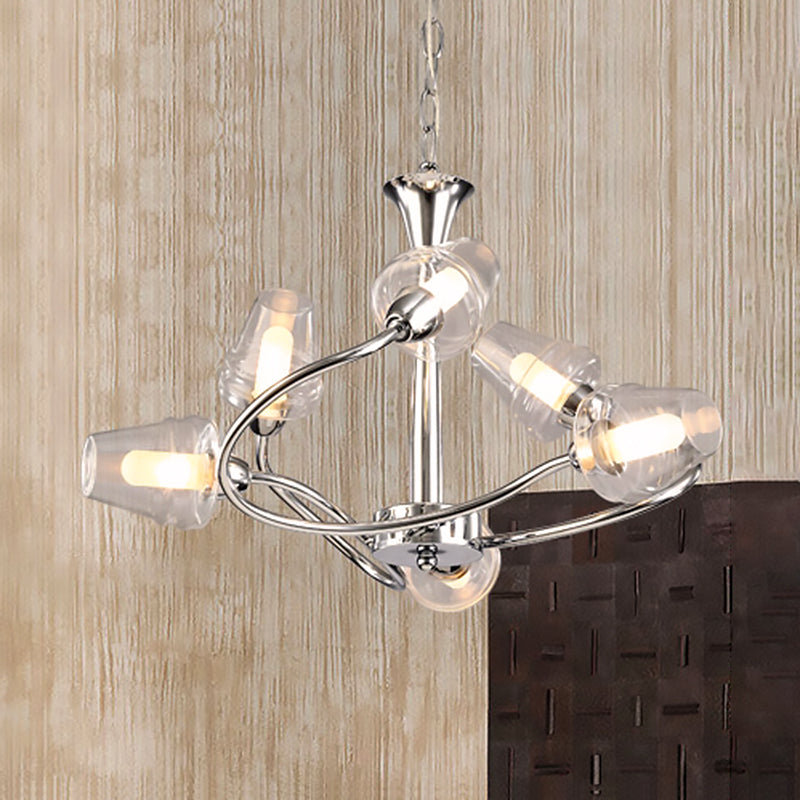 Cone Chandelier Lighting Modernist Clear Glass Multi Lights Led Chrome Ceiling Pendant Lamp with Curved Arm and Chain Chrome Clearhalo 'Ceiling Lights' 'Chandeliers' 'Modern Chandeliers' 'Modern' Lighting' 600319