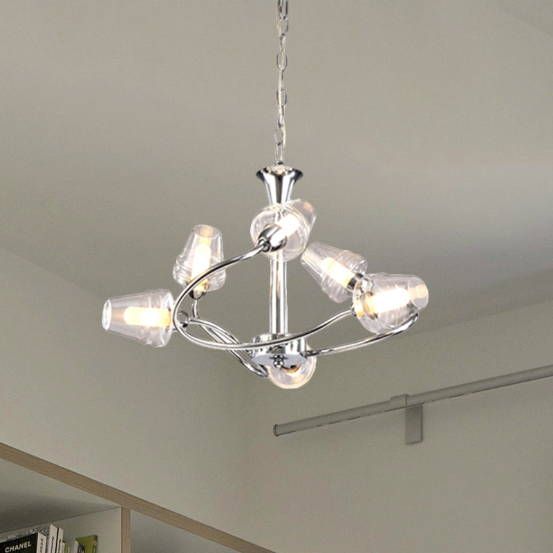 Cone Chandelier Lighting Modernist Clear Glass Multi Lights Led Chrome Ceiling Pendant Lamp with Curved Arm and Chain Clearhalo 'Ceiling Lights' 'Chandeliers' 'Modern Chandeliers' 'Modern' Lighting' 600321