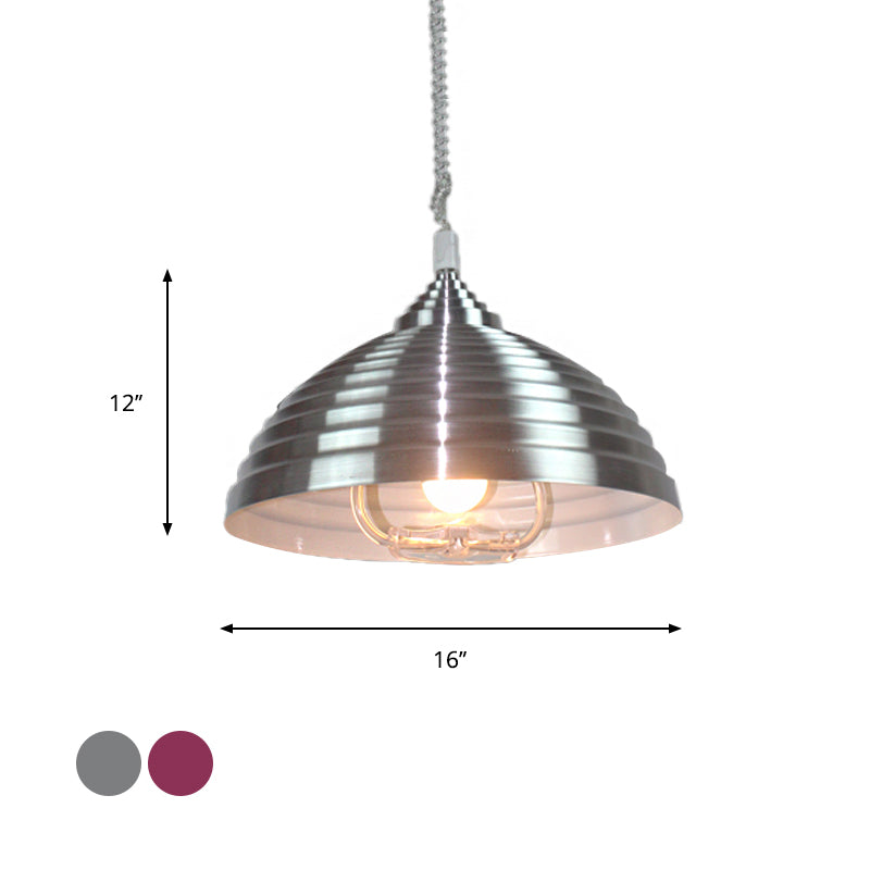 Rose Red/Nickel Domed Hanging Light Vintage Metal 1 Bulb Indoor Pendant Lighting with Ribbed Design Clearhalo 'Art Deco Pendants' 'Cast Iron' 'Ceiling Lights' 'Ceramic' 'Crystal' 'Industrial Pendants' 'Industrial' 'Metal' 'Middle Century Pendants' 'Pendant Lights' 'Pendants' 'Tiffany' Lighting' 600328