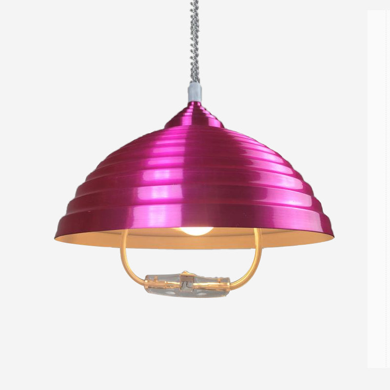 Rose Red/Nickel Domed Hanging Light Vintage Metal 1 Bulb Indoor Pendant Lighting with Ribbed Design Clearhalo 'Art Deco Pendants' 'Cast Iron' 'Ceiling Lights' 'Ceramic' 'Crystal' 'Industrial Pendants' 'Industrial' 'Metal' 'Middle Century Pendants' 'Pendant Lights' 'Pendants' 'Tiffany' Lighting' 600332