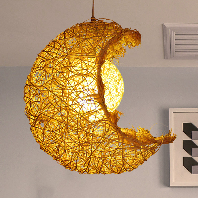 Hand Knitted Rattan Moon Shaped Pendant Light Rustic Single Light Hanging Lamp in Beige for Kids Room Clearhalo 'Ceiling Lights' 'Pendant Lights' 'Pendants' Lighting' 600570