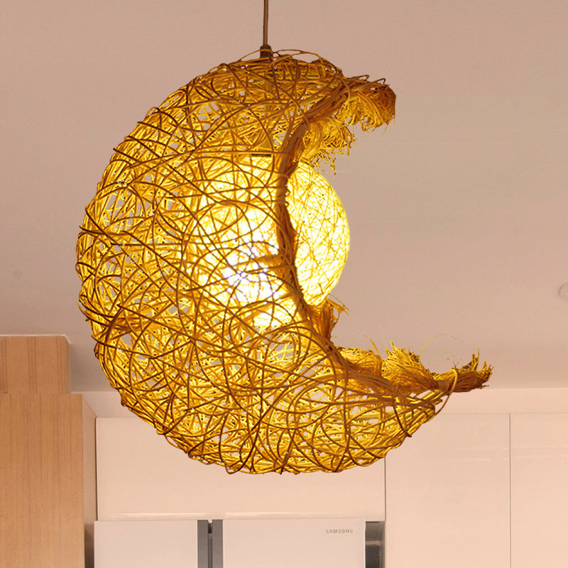 Hand Knitted Rattan Moon Shaped Pendant Light Rustic Single Light Hanging Lamp in Beige for Kids Room Clearhalo 'Ceiling Lights' 'Pendant Lights' 'Pendants' Lighting' 600572