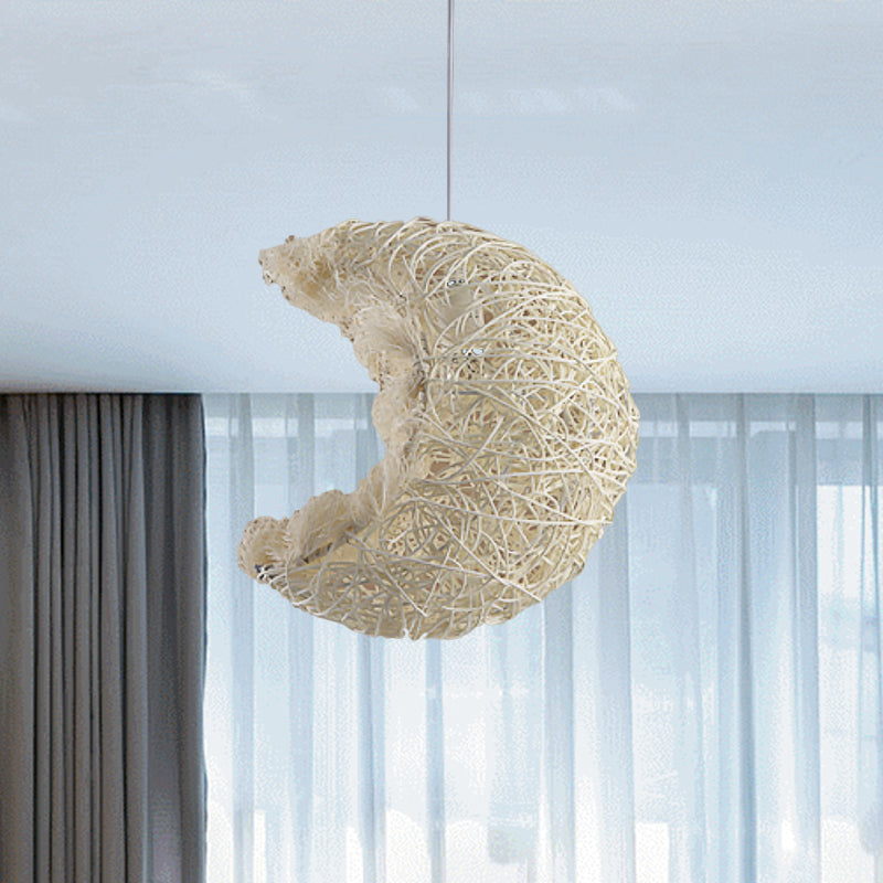 Hand Knitted Rattan Moon Shaped Pendant Light Rustic Single Light Hanging Lamp in Beige for Kids Room Clearhalo 'Ceiling Lights' 'Pendant Lights' 'Pendants' Lighting' 600576