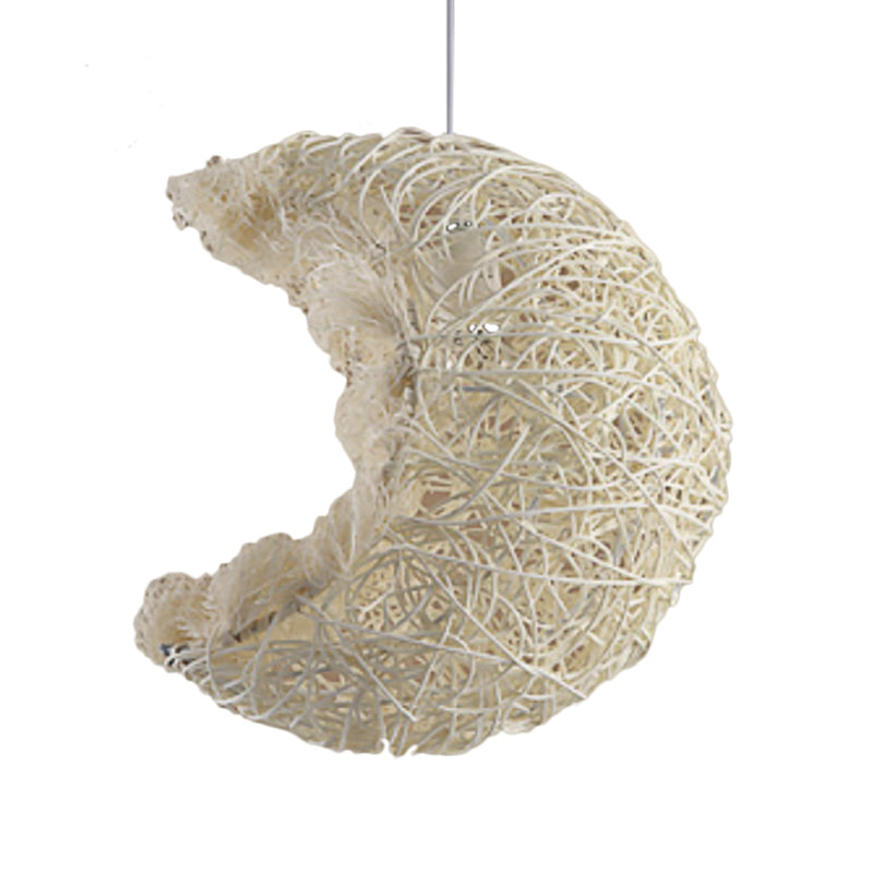 Hand Knitted Rattan Moon Shaped Pendant Light Rustic Single Light Hanging Lamp in Beige for Kids Room Clearhalo 'Ceiling Lights' 'Pendant Lights' 'Pendants' Lighting' 600578