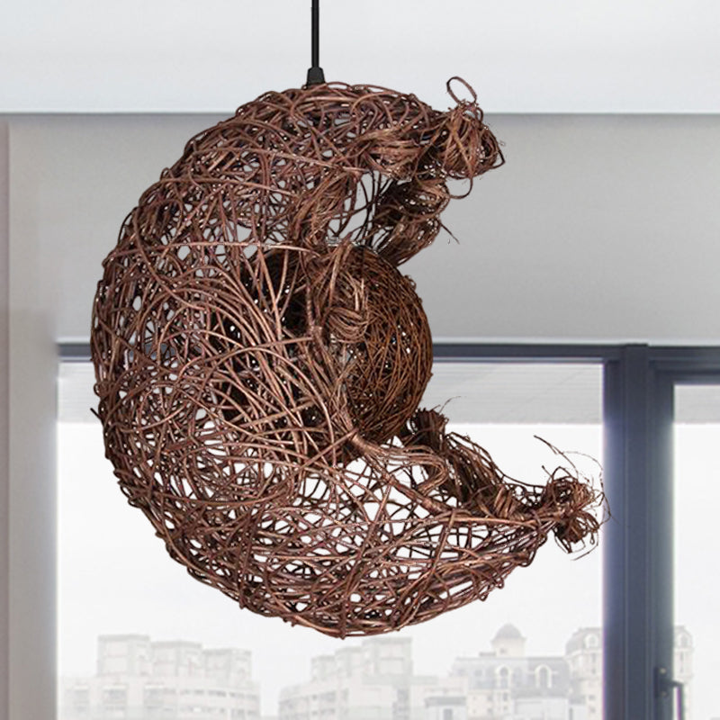 Hand Knitted Rattan Moon Shaped Pendant Light Rustic Single Light Hanging Lamp in Beige for Kids Room Brown Clearhalo 'Ceiling Lights' 'Pendant Lights' 'Pendants' Lighting' 600579_2a49eb4e-5090-4ac4-853c-edc4a863db46