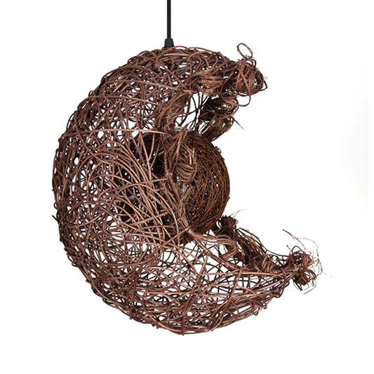 Hand Knitted Rattan Moon Shaped Pendant Light Rustic Single Light Hanging Lamp in Beige for Kids Room Clearhalo 'Ceiling Lights' 'Pendant Lights' 'Pendants' Lighting' 600582