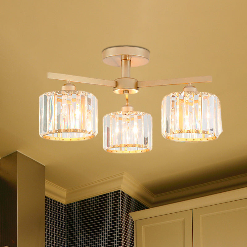 Cylindrical Shade Semi Flush Mount Nordic Crystal 3/5-Light Champagne Ceiling Lighting for Bedroom Living Room Clearhalo 'Ceiling Lights' 'Close To Ceiling Lights' 'Close to ceiling' 'Glass shade' 'Glass' 'Semi-flushmount' Lighting' 600817