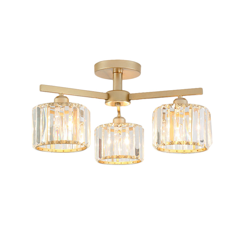 Cylindrical Shade Semi Flush Mount Nordic Crystal 3/5-Light Champagne Ceiling Lighting for Bedroom Living Room Clearhalo 'Ceiling Lights' 'Close To Ceiling Lights' 'Close to ceiling' 'Glass shade' 'Glass' 'Semi-flushmount' Lighting' 600818